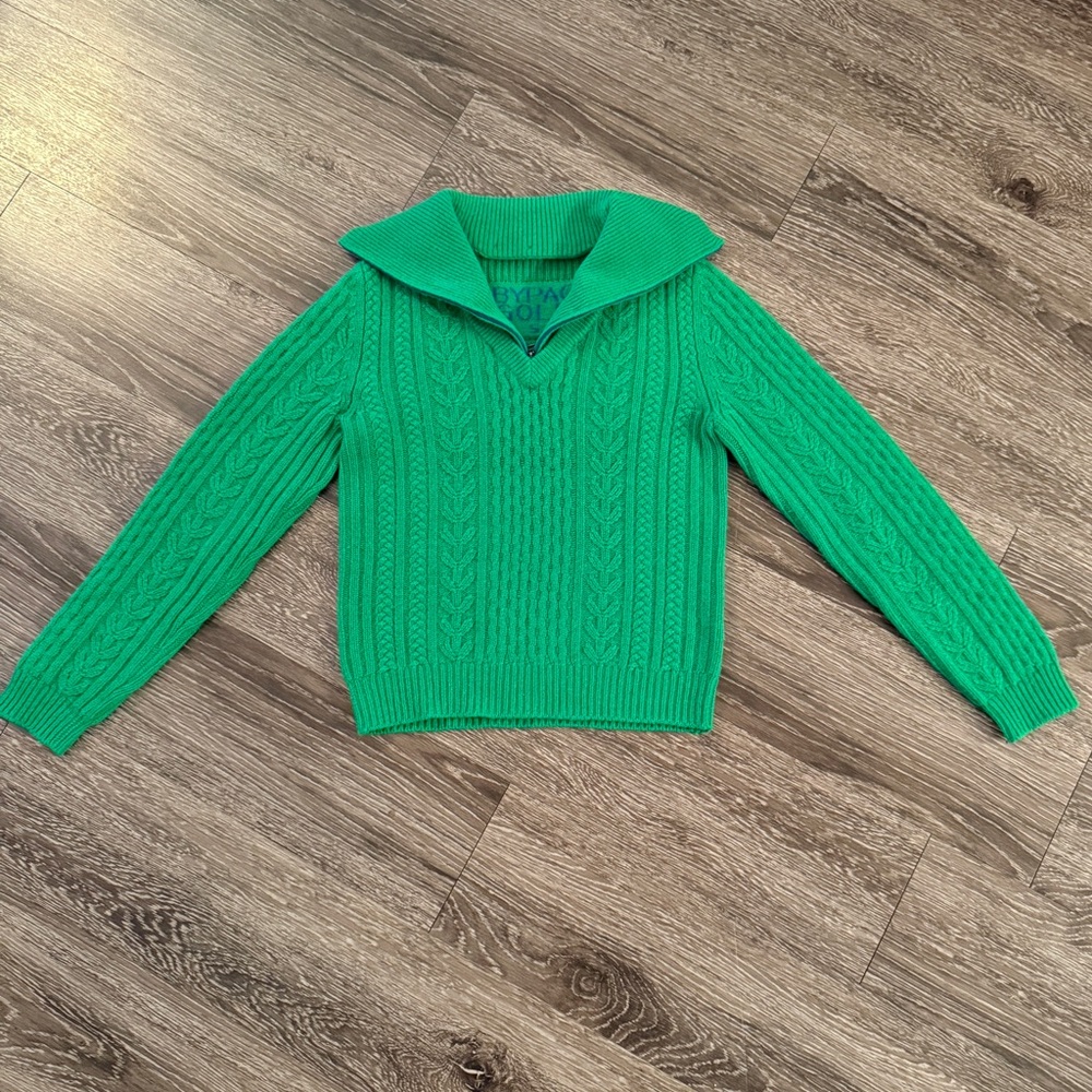 Green Cable-Knit Polo Collar Sweater - Women